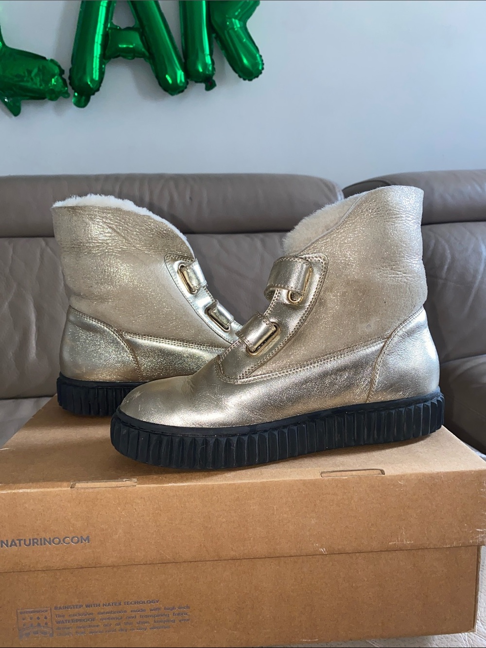 Naturino Metallic Gold Shearling-Trim Velcro Ankle Boots